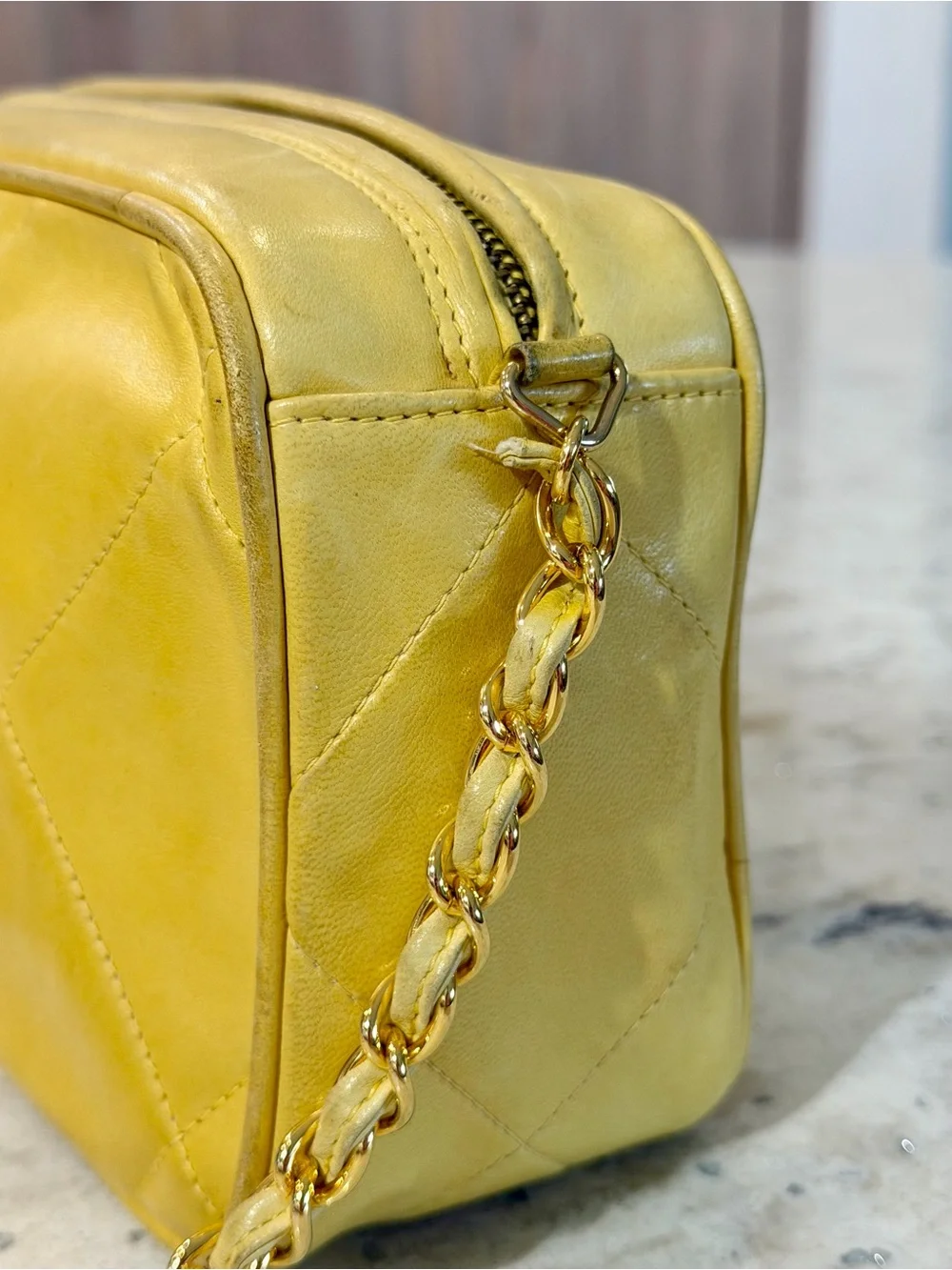 Authentic Vintage Chanel Yellow Lambskin CC Camera Bag 24K Gold Tassel